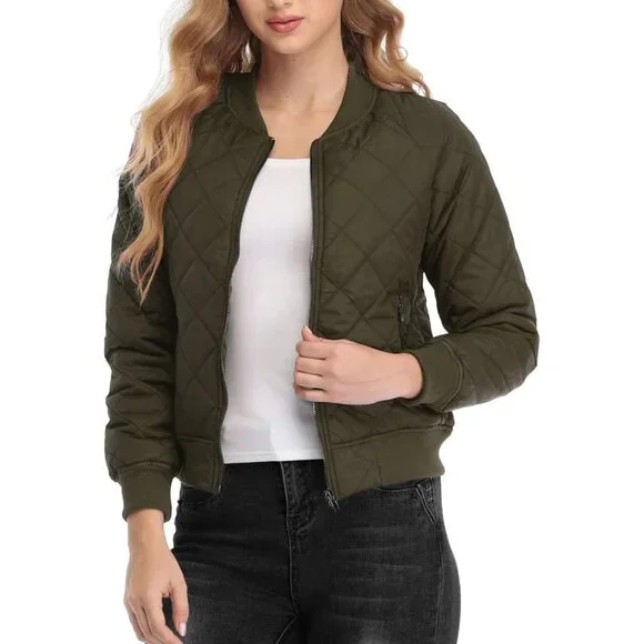 Women´s Lightweight Quilted Bomber Jacket in Green - Stylish Warmth with Pockets Jackets & Coats